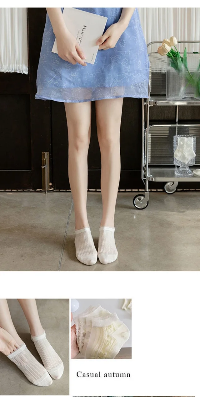 Lace-trimmed Breathable White Ankle Socks（10 pairs） Detail