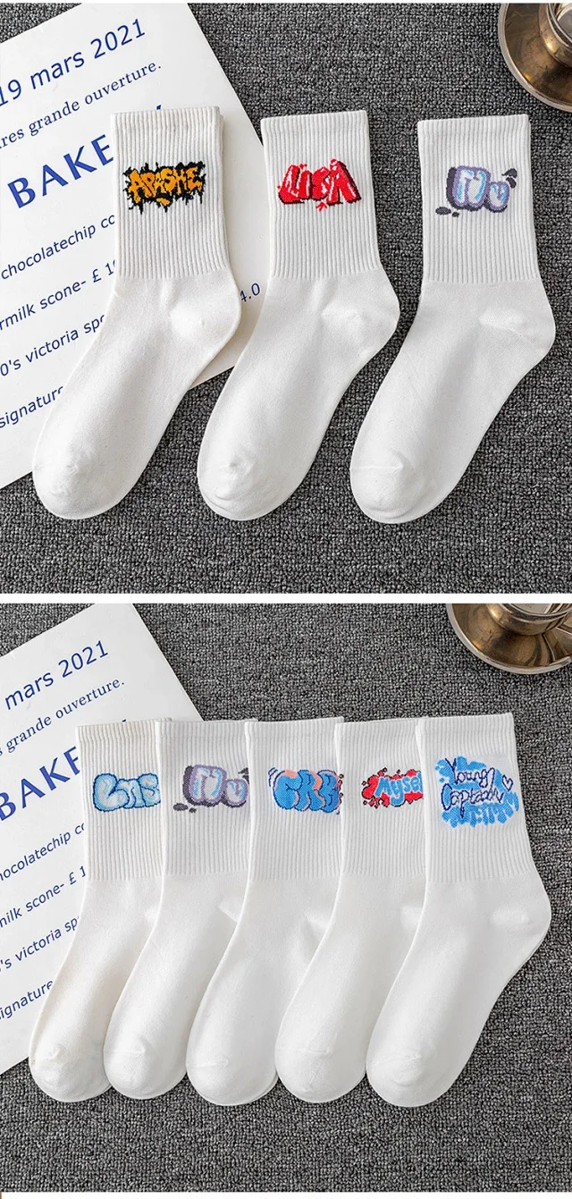 Unisex Lettered Cotton Mid-Calf Socks（10 pairs） Detail