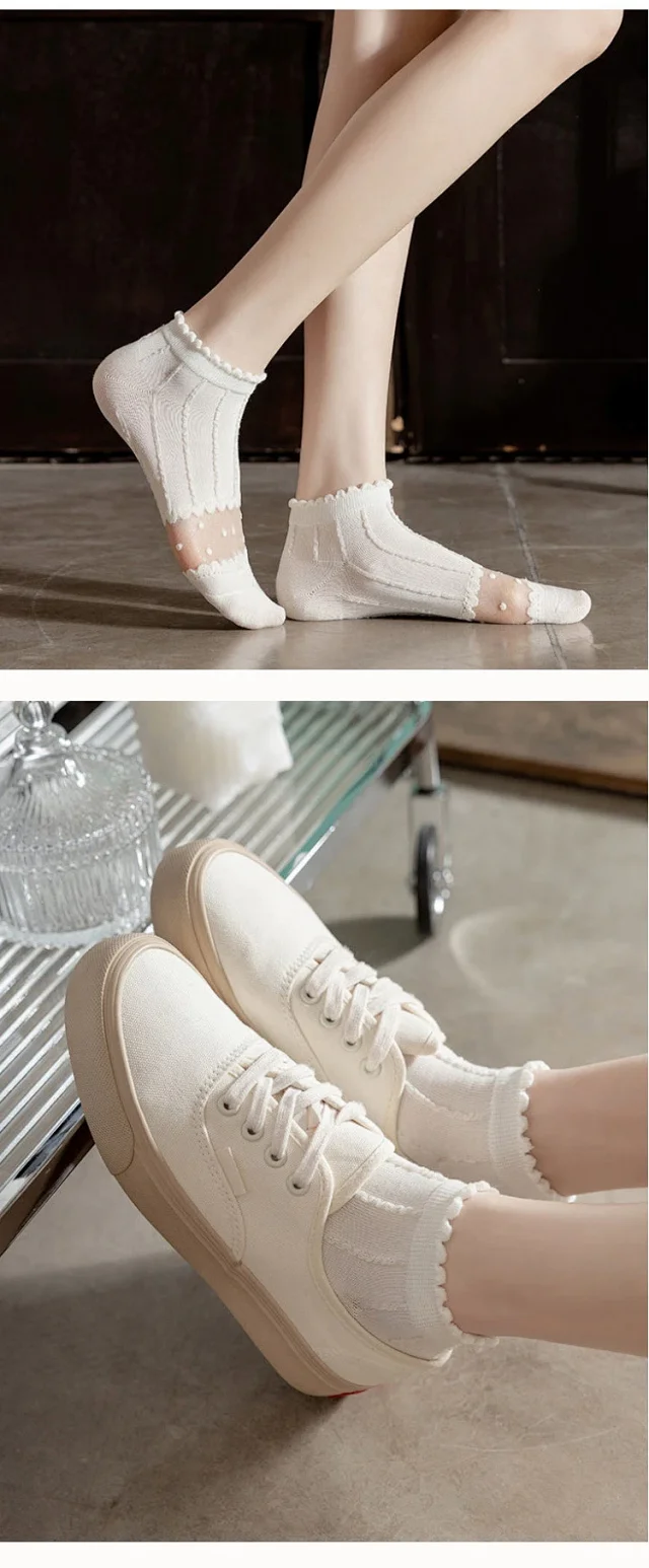 Lace-trimmed Breathable White Ankle Socks（10 pairs） Detail