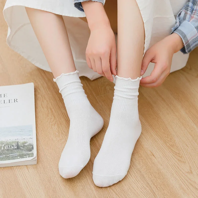 Lace-Trimmed Japanese Cotton Ankle Socks（6 pairs）