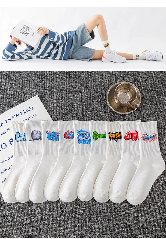 Unisex Lettered Cotton Mid-Calf Socks（10 pairs） Detail
