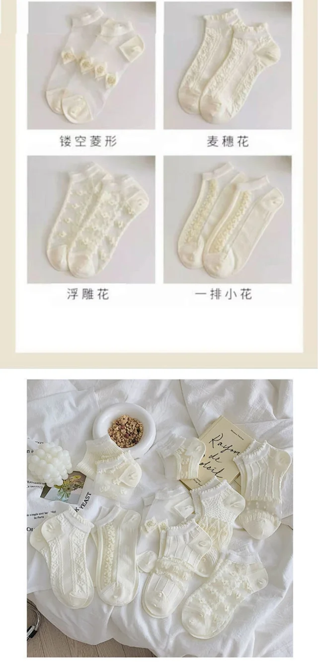 Lace-trimmed Breathable White Ankle Socks（10 pairs） Detail