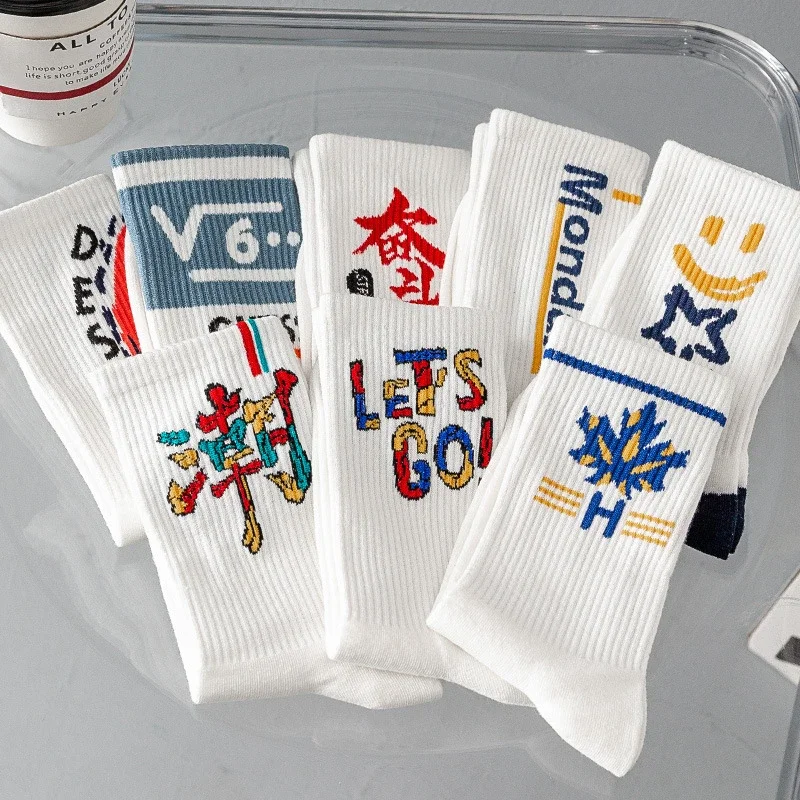Trendy White Mid-Calf Couple Socks（10 pairs）