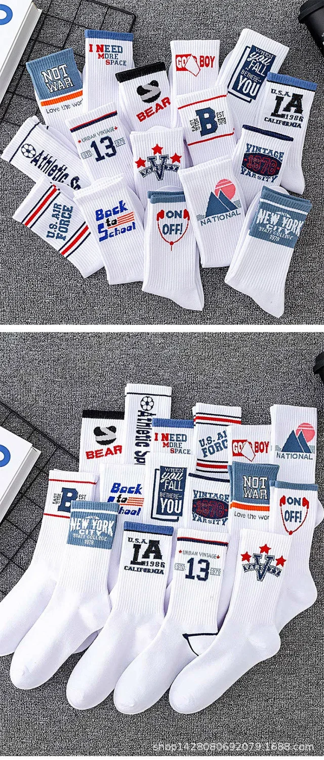 Trendy Lettered Men's White Crew Socks（10 pairs） Detail