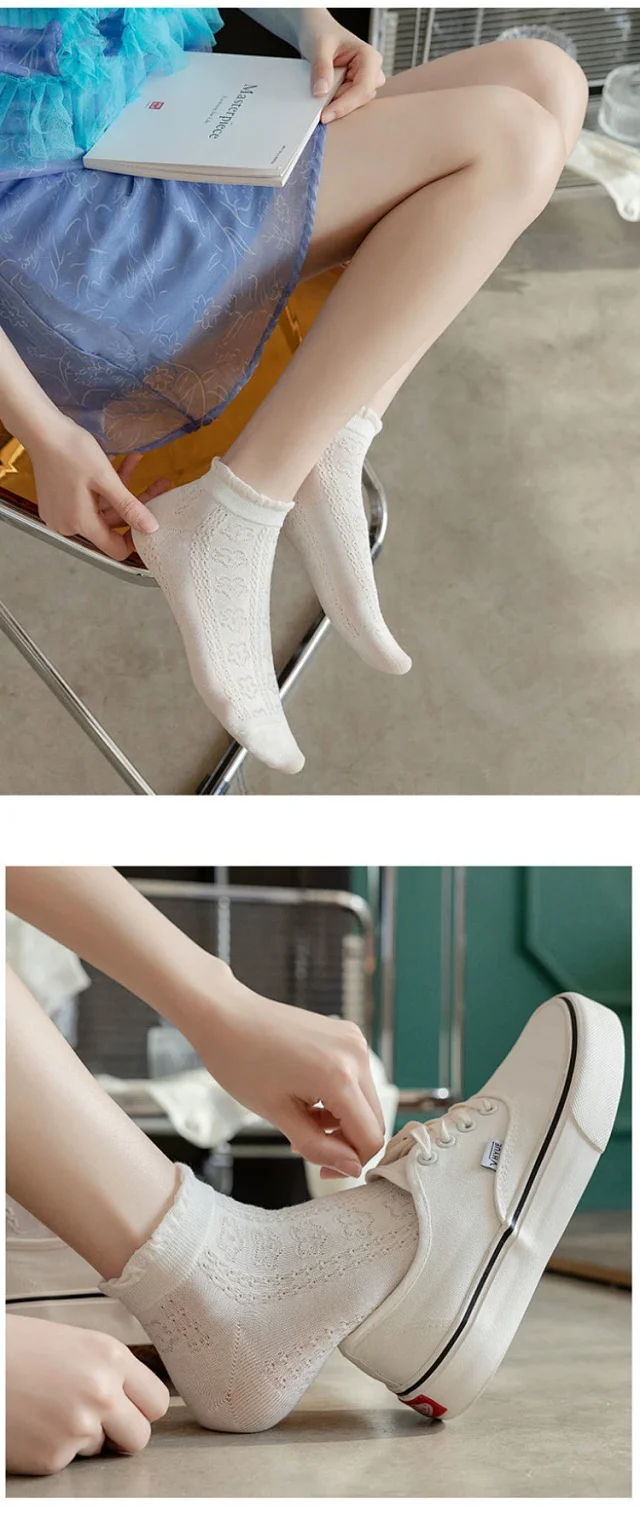 Lace-trimmed Breathable White Ankle Socks（10 pairs） Detail