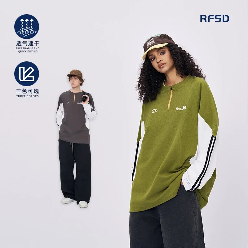 RFSD Menswear | Retro American Print Sports Color-Block Loose Pique Long-Sleeve T-Shirt (Unisex) Cross-Border Trendy Brand