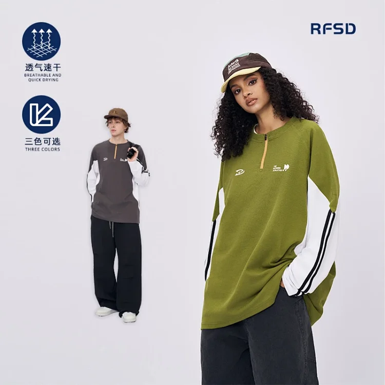 RFSD Menswear | Retro American Print Sports Color-Block Loose Pique Long-Sleeve T-Shirt (Unisex) Cross-Border Trendy Brand