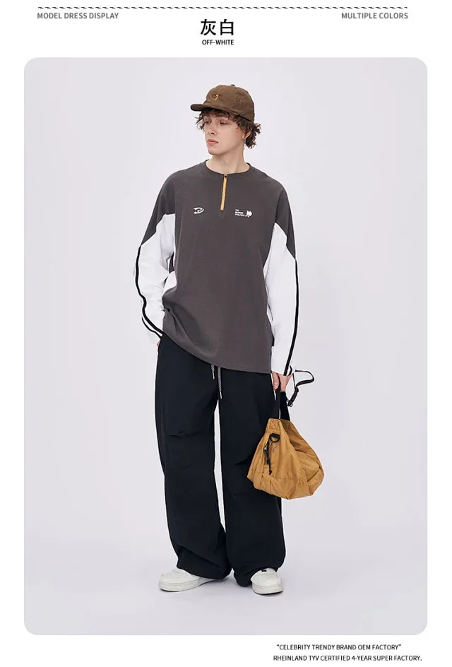 RFSD Menswear | Retro American Print Sports Color-Block Loose Pique Long-Sleeve T-Shirt (Unisex) Cross-Border Trendy Brand Detail