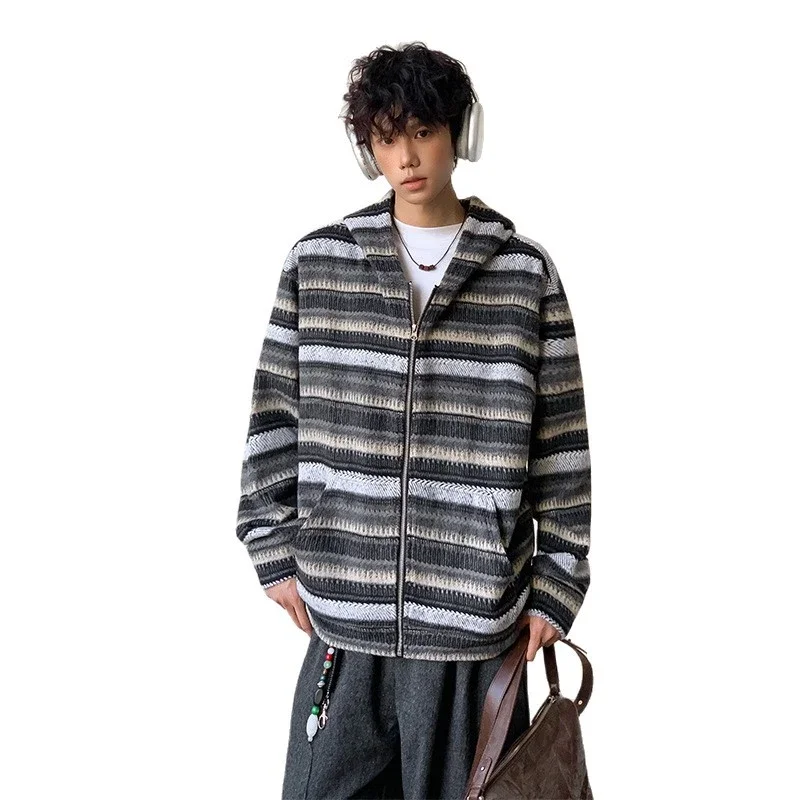 2025 Fall Ethnic American Retro Loose Long-sleeve Striped Zip Hoodie Couple Top
