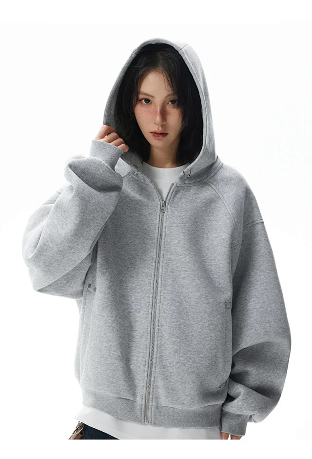 American Retro Deconstructed Air Layer Zip Cardigan Hoodie Detail