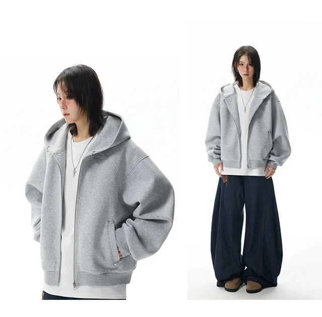 American Retro Deconstructed Air Layer Zip Cardigan Hoodie Detail