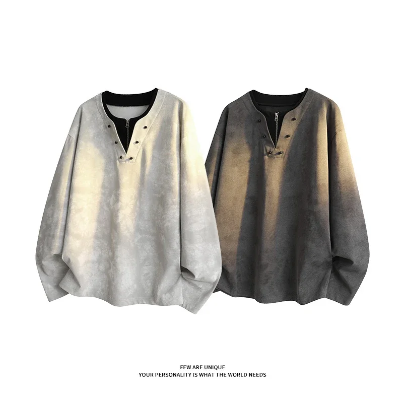 Men's Long-sleeve T-shirt, Ink-dyed, American Style, Loose, Breathable, Comfy, Versatile, Lazy Couple