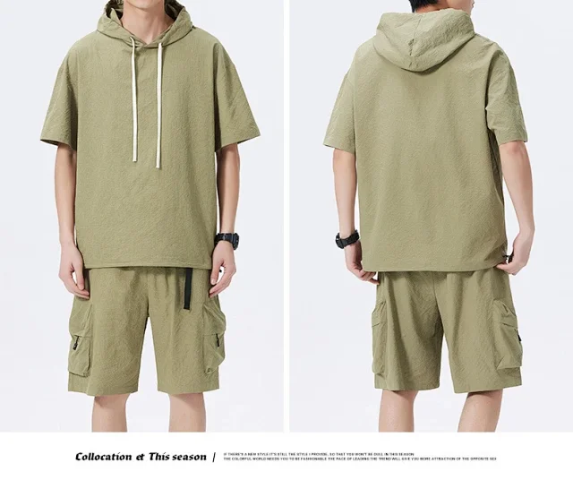 Men's Summer Ice Silk Hooded T-shirt Set Detail