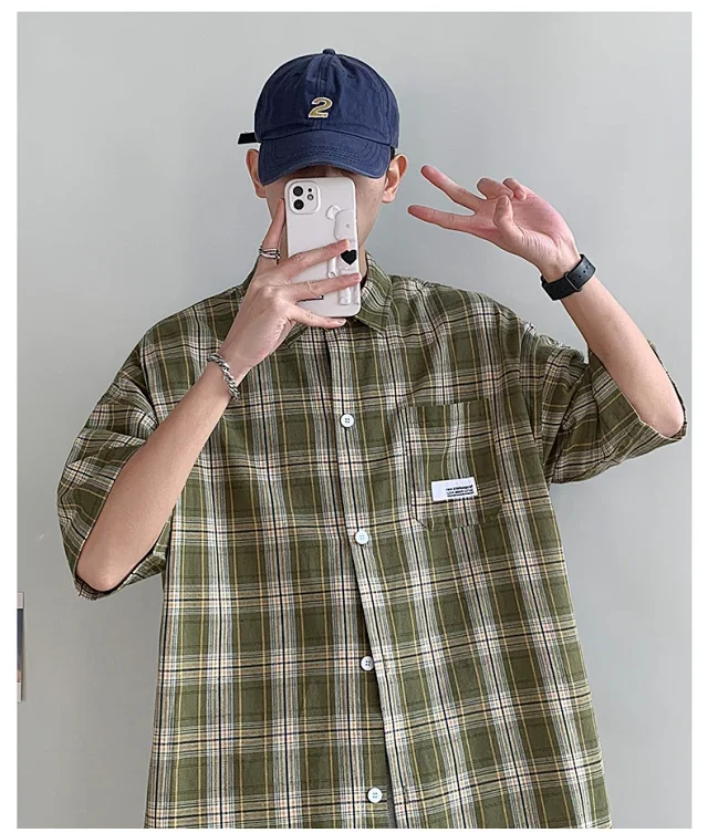 Men's Summer Plaid Shirt, 5/8 Sleeve Detail