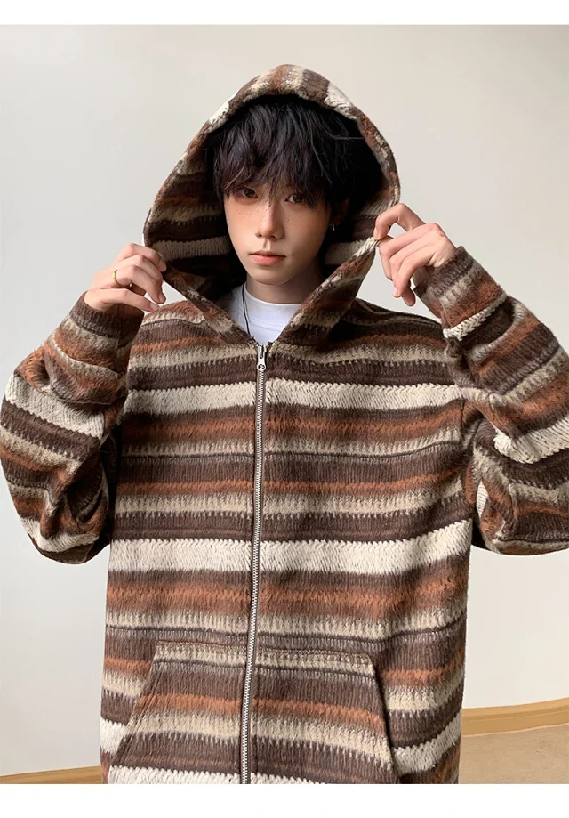 2025 Fall Ethnic American Retro Loose Long-sleeve Striped Zip Hoodie Couple Top Detail