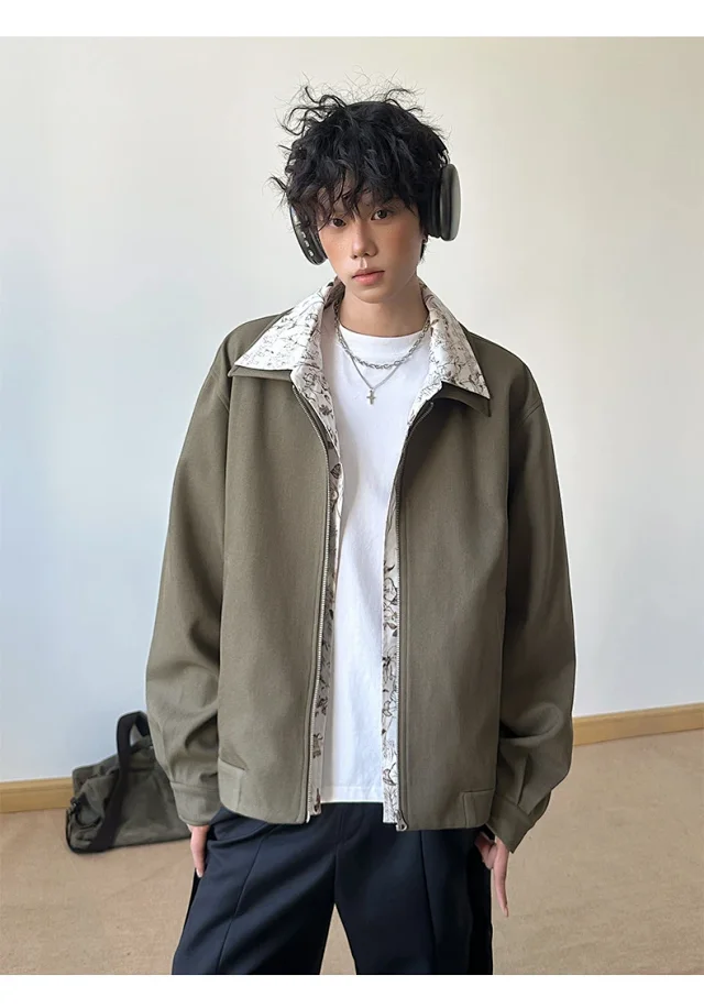 Vintage Floral Collar Bomber Jacket for Men Detail