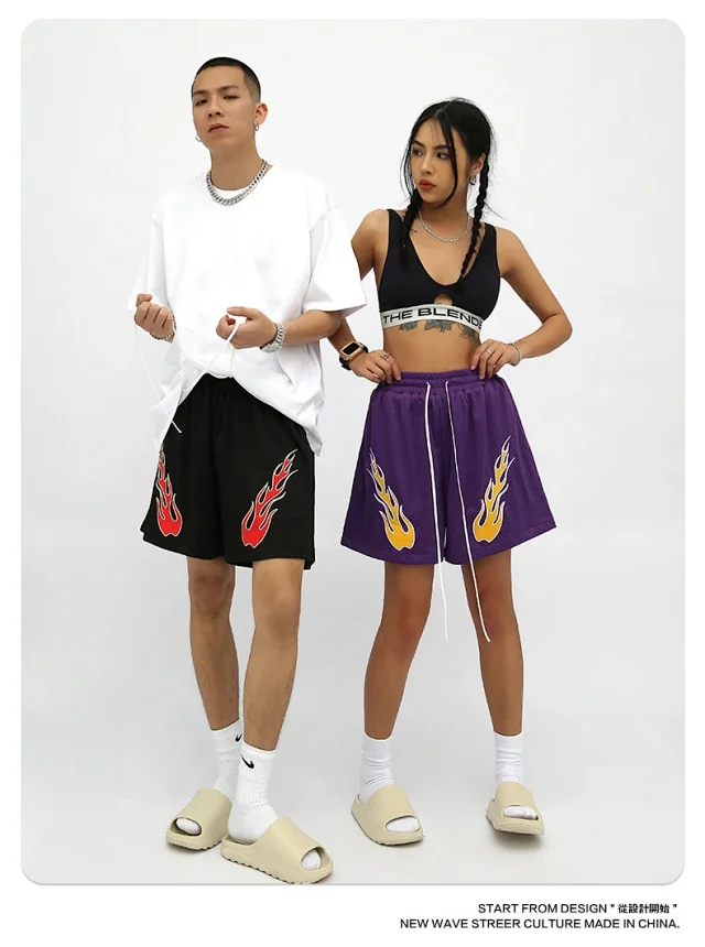 RFSD Men's Fashion | 2025 Summer New American Streetwear Hip - Hop Embroidered Flame Casual Shorts Detail