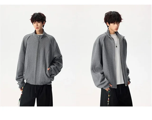 Men's Solid Color Stand Collar Cardigan Hoodie Detail