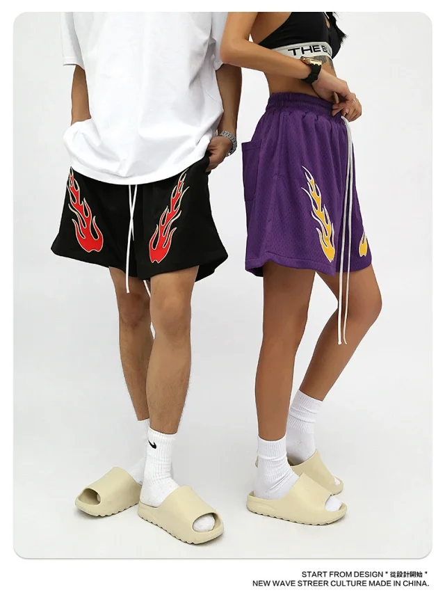 RFSD Men's Fashion | 2025 Summer New American Streetwear Hip - Hop Embroidered Flame Casual Shorts Detail