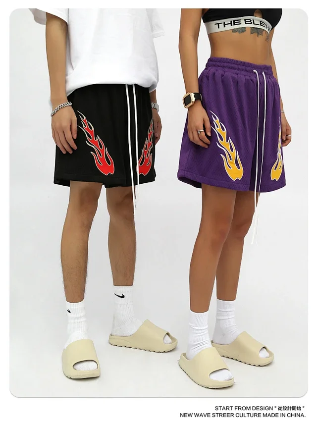 RFSD Men's Fashion | 2025 Summer New American Streetwear Hip - Hop Embroidered Flame Casual Shorts Detail