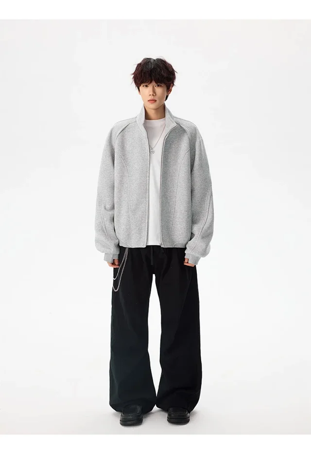 Men's Solid Color Stand Collar Cardigan Hoodie Detail