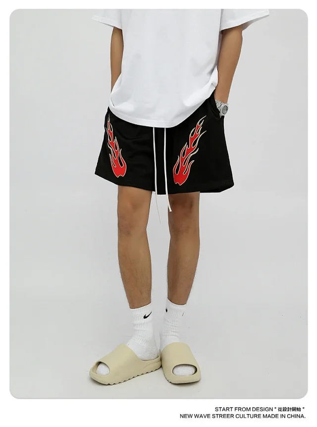 RFSD Men's Fashion | 2025 Summer New American Streetwear Hip - Hop Embroidered Flame Casual Shorts Detail