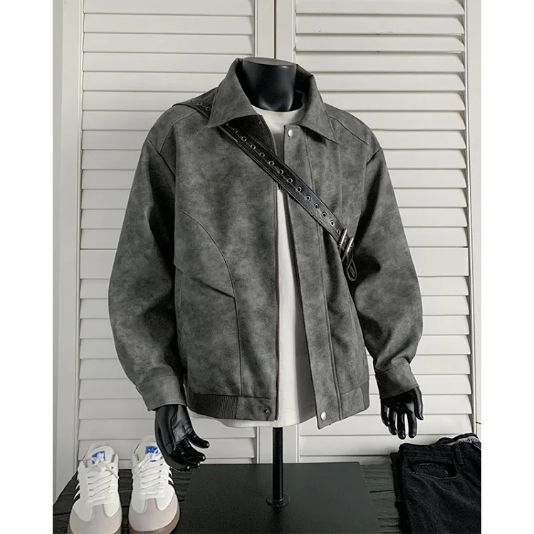 2025 Spring New American High Street Collar Tie - Dye PU Leather Jacket for Men