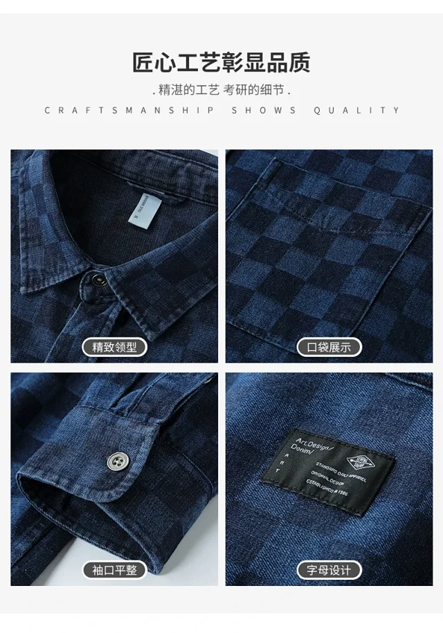 Japanese Retro Spring/Fall American Color-Woven Denim Shirt Detail