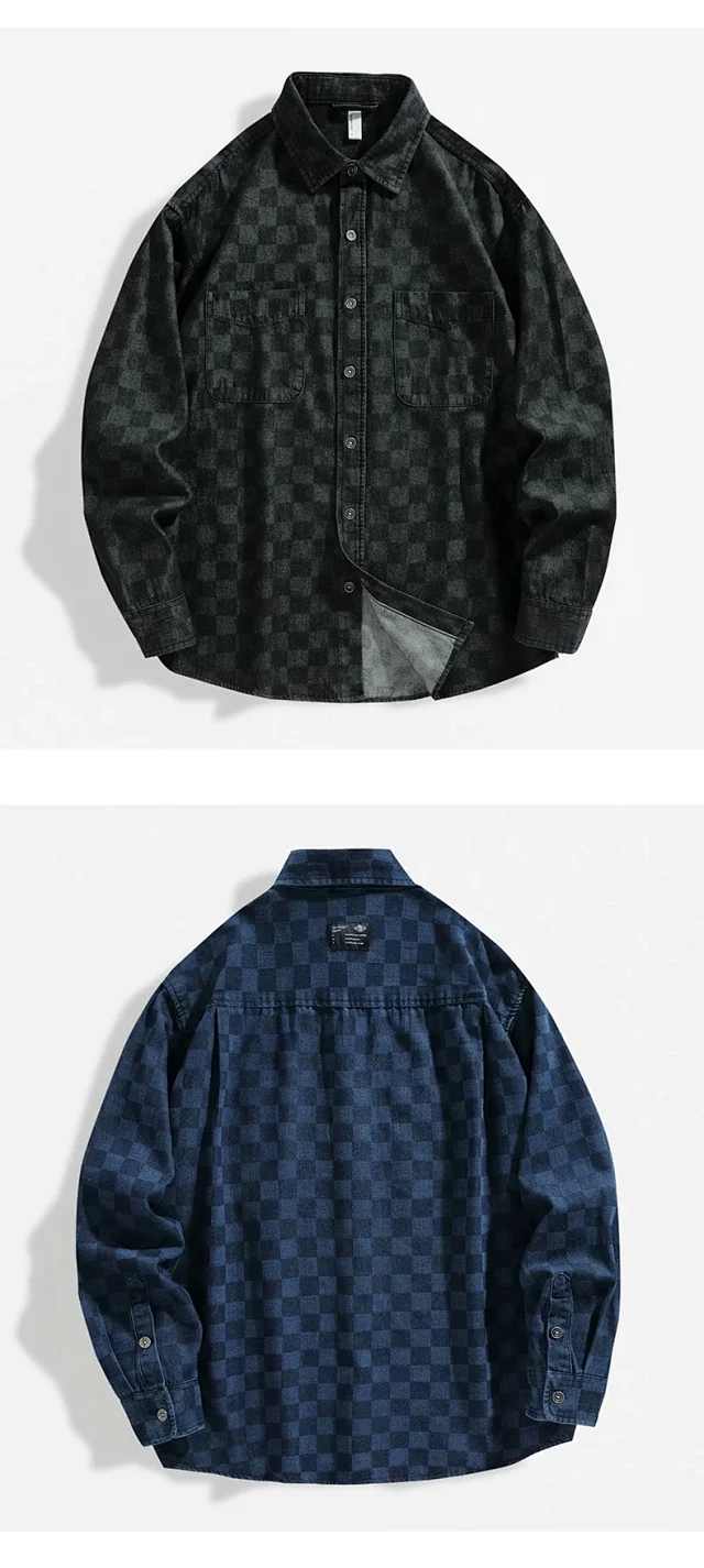 Japanese Retro Spring/Fall American Color-Woven Denim Shirt Detail