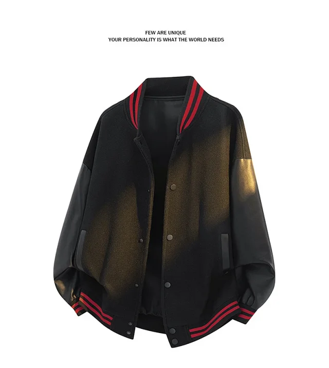 Men's Retro PU - Leather Baseball Jacket Detail