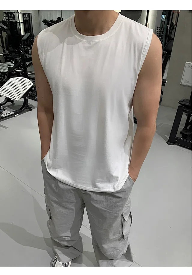 Hong Kong Style Men's Cotton White Tank Top Detail