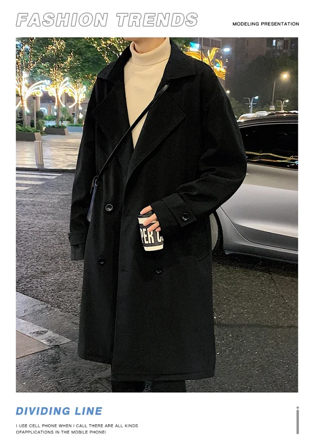Men's Trench Coat - Long, Korean Style Detail