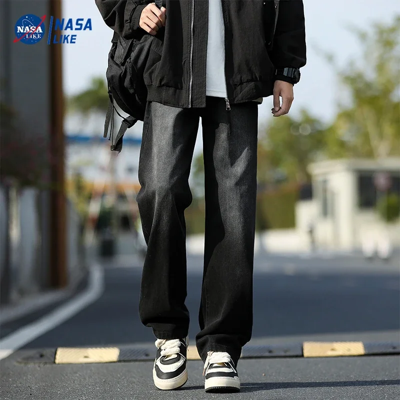 NASA Men's Spring/Fall Washed Straight Jeans (Unisex)