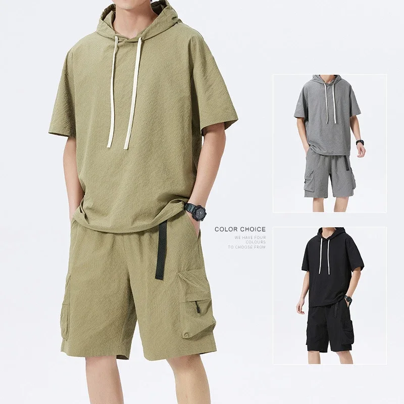 Men's Summer Ice Silk Hooded T-shirt Set