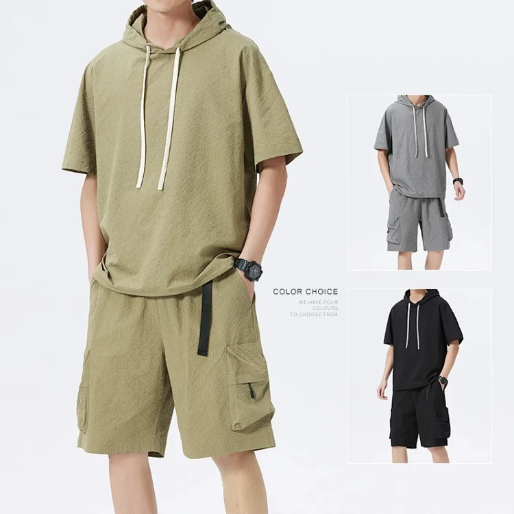 Men's Summer Ice Silk Hooded T-shirt Set