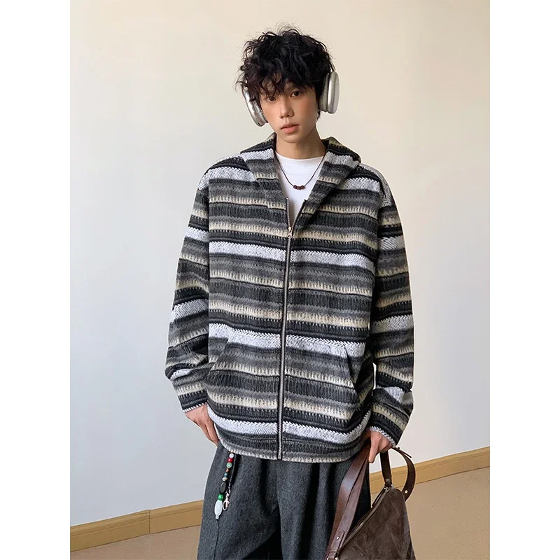 2025 Fall Ethnic American Retro Loose Long-sleeve Striped Zip Hoodie Couple Top