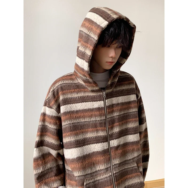 2025 Fall Ethnic American Retro Loose Long-sleeve Striped Zip Hoodie Couple Top