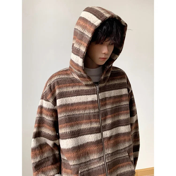 2025 Fall Ethnic American Retro Loose Long-sleeve Striped Zip Hoodie Couple Top