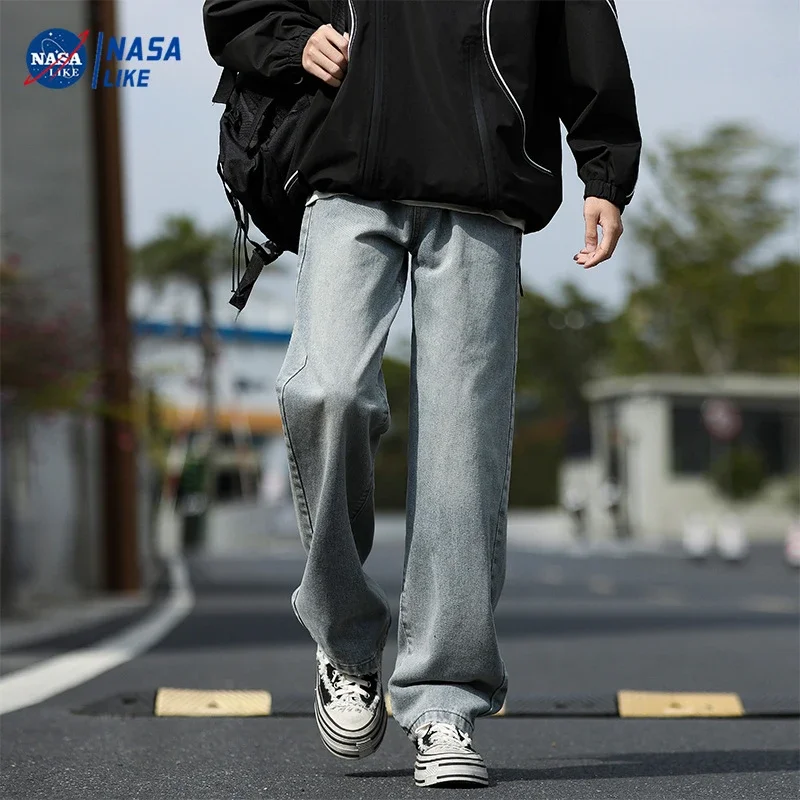 NASA Men's Spring/Fall Washed Straight Jeans (Unisex)