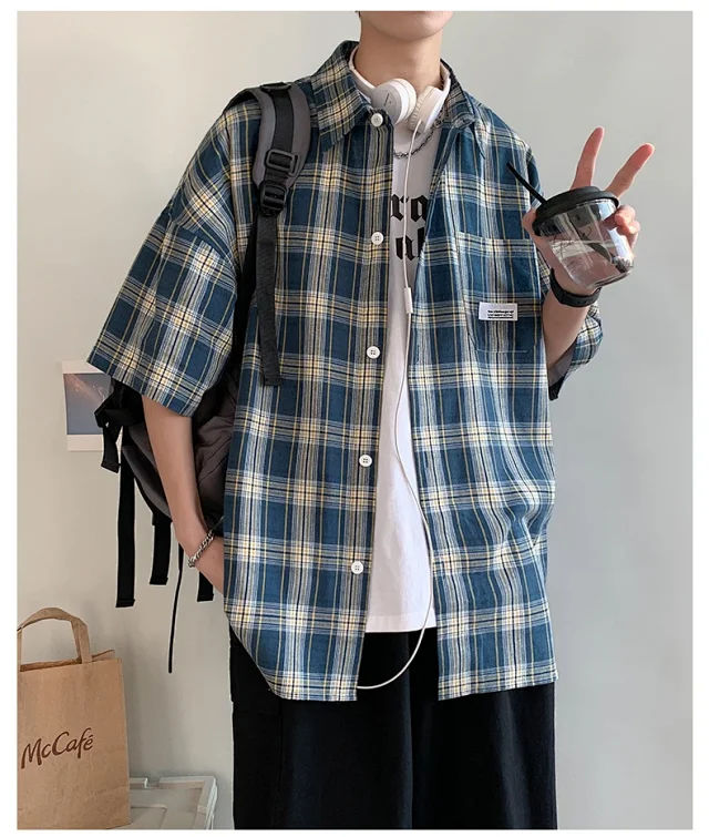 Men's Summer Plaid Shirt, 5/8 Sleeve Detail