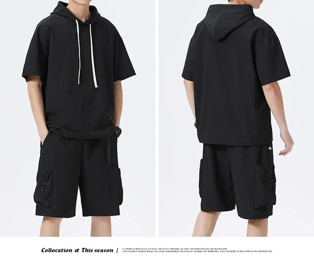 Men's Summer Ice Silk Hooded T-shirt Set Detail