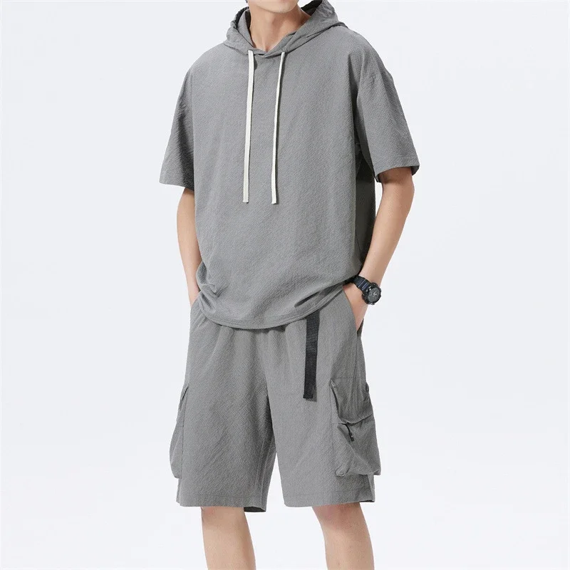 Men's Summer Ice Silk Hooded T-shirt Set