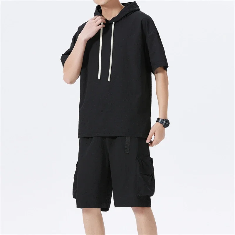 Men's Summer Ice Silk Hooded T-shirt Set