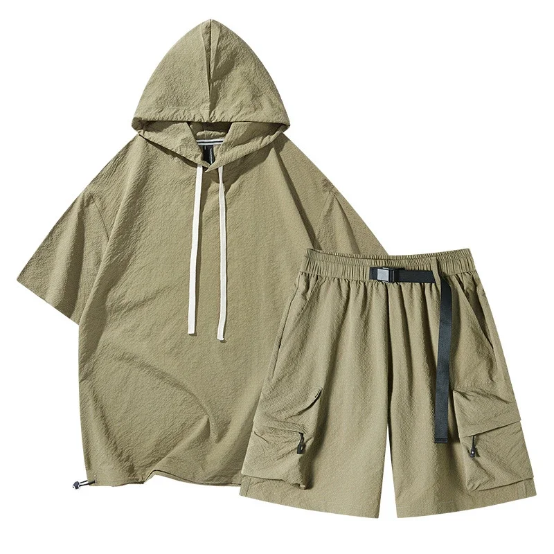 Men's Summer Ice Silk Hooded T-shirt Set