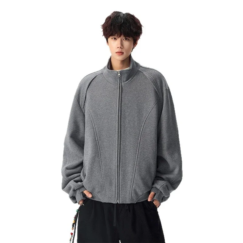 Men's Solid Color Stand Collar Cardigan Hoodie