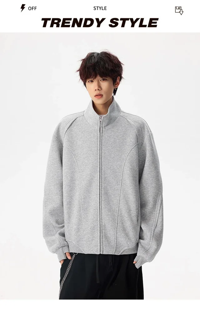 Men's Solid Color Stand Collar Cardigan Hoodie Detail