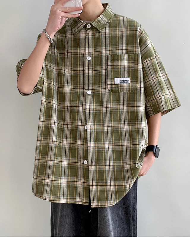 Men's Summer Plaid Shirt, 5/8 Sleeve Detail
