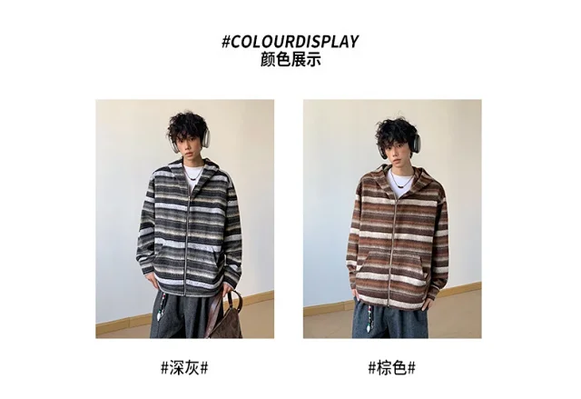 2025 Fall Ethnic American Retro Loose Long-sleeve Striped Zip Hoodie Couple Top Detail