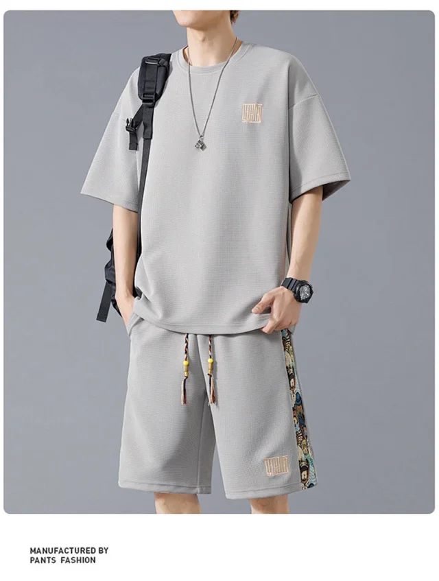 Stylish Korean Trendy Men's Set (Short Sleeve T - Shirt + Embroidered Shorts) Detail