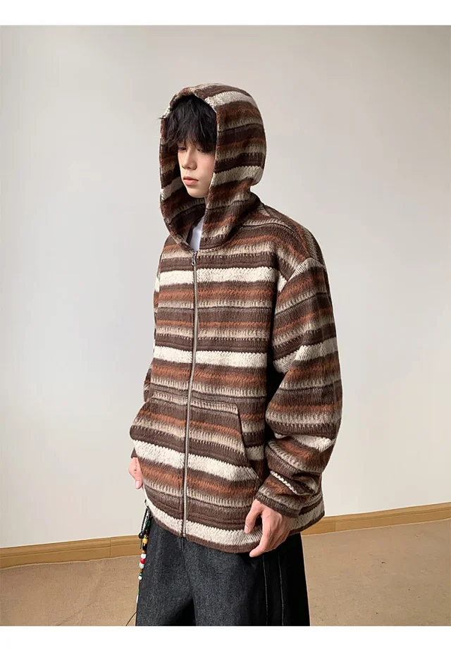 2025 Fall Ethnic American Retro Loose Long-sleeve Striped Zip Hoodie Couple Top Detail